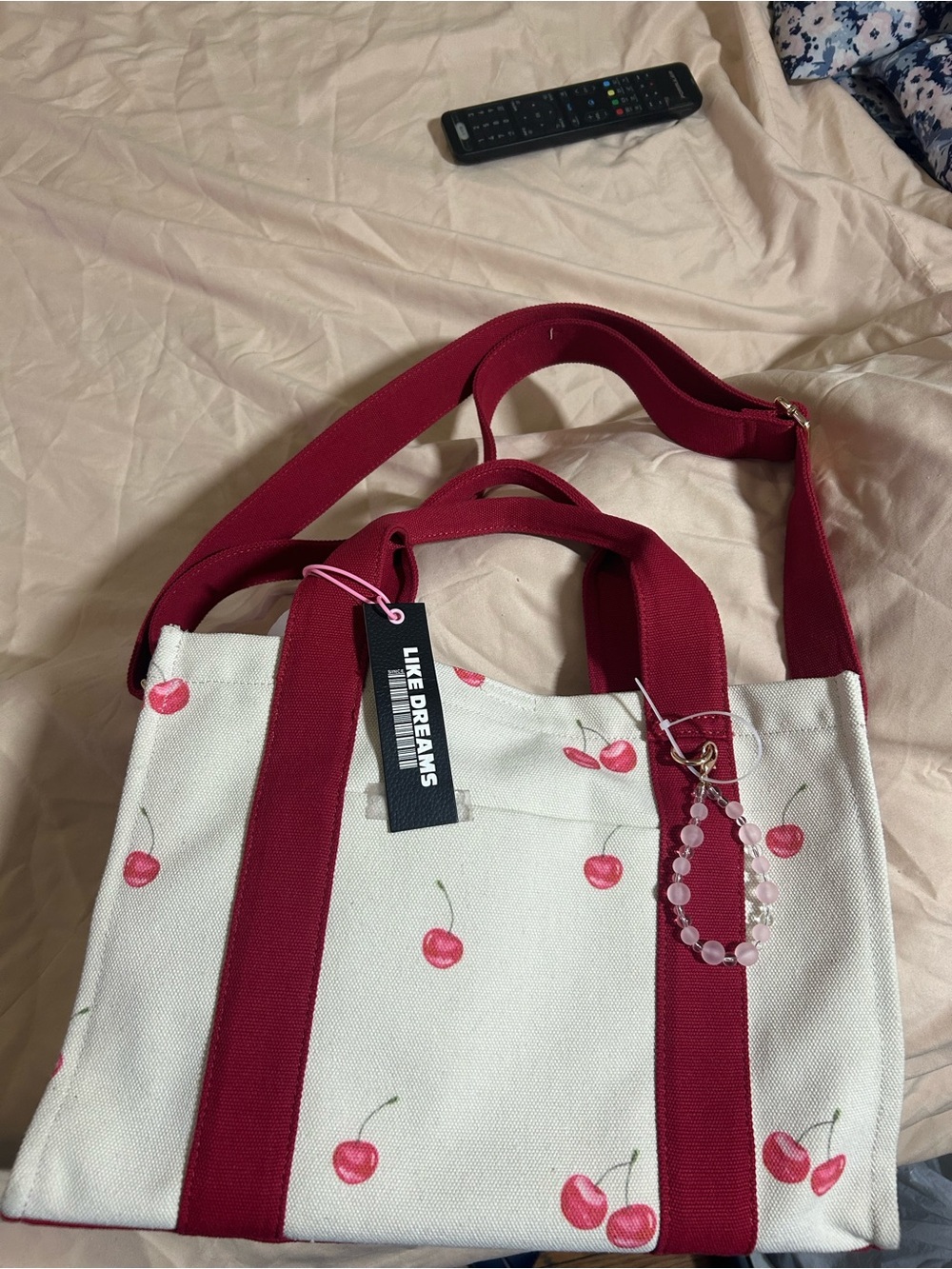 Cherry Print Canvas Tote Bag in Red